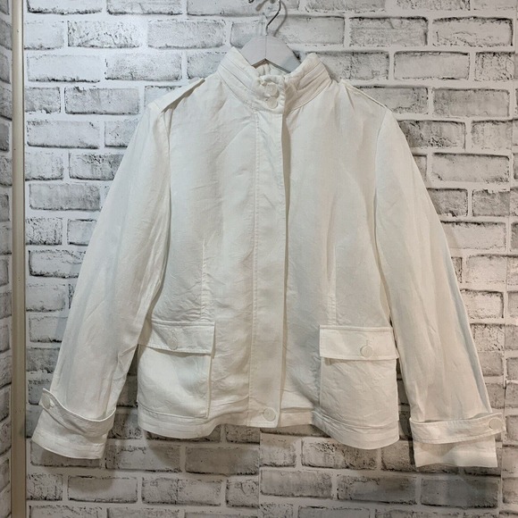 Talbots Women’s Grace Fit 100% Linen Full Zip Jacket w/Optional Hood Sz 14 White - Picture 2 of 16